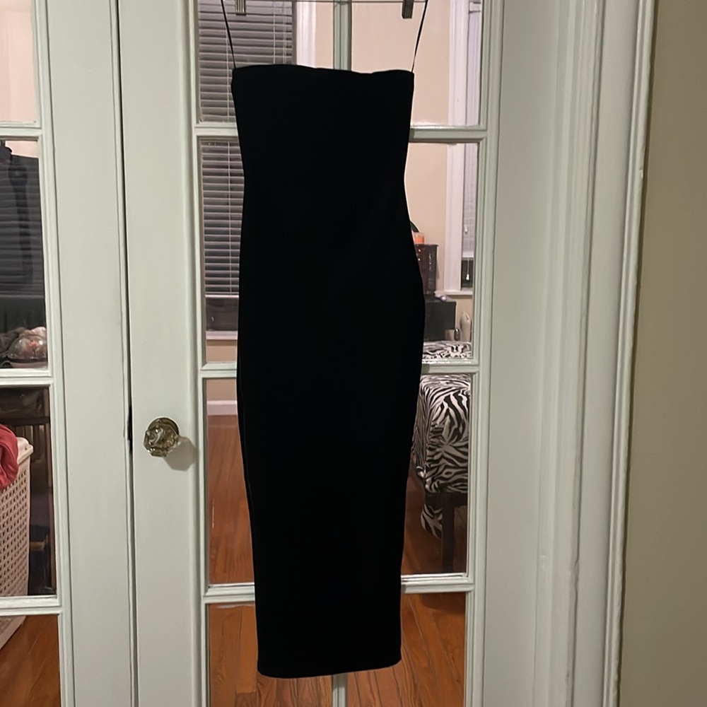 Naked wardrobe black ultra soft faux suede strapless maxi back slit tube dress - Picture 1 of 9